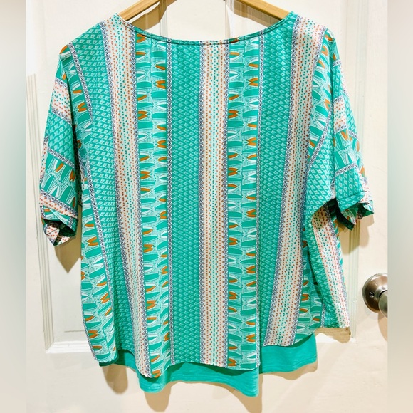 Meadow Rue Anthropologie Teal Mixed Media Boho Print Layered Top Size M - Picture 2 of 6